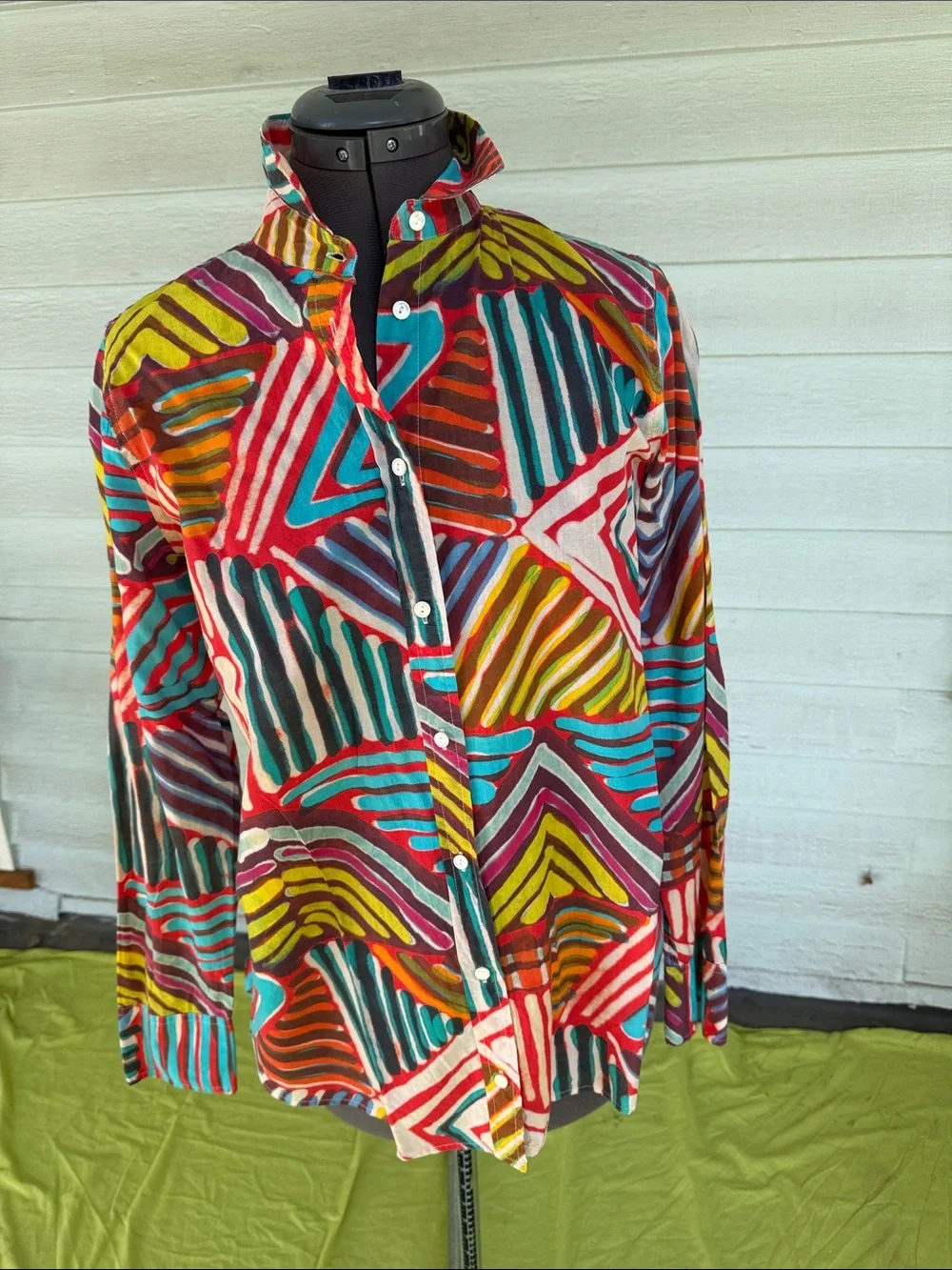 J. Crew Multicolor Brushstroke Button-Down Shirt — Red, Turquoise, Yellow